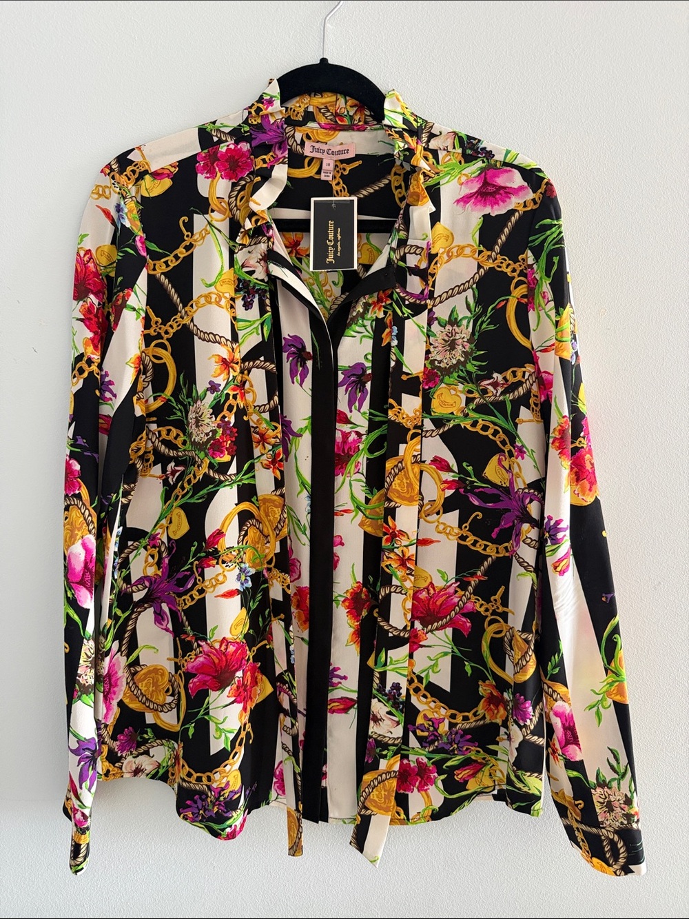 Vintage Juicy Couture Black Floral & Chain Print Tie-Neck Blouse- with tags!